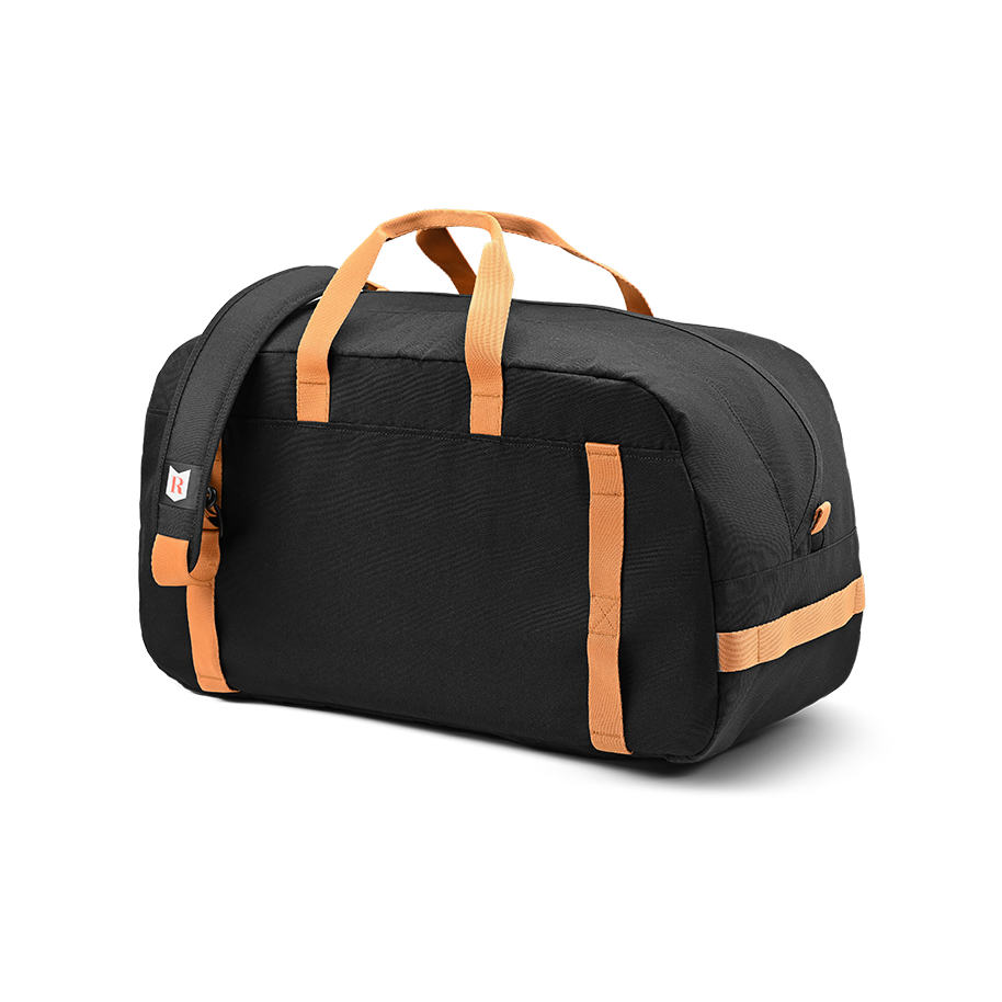 Ritual Calibre hockey duffle bag black with orange straps , back and right side view