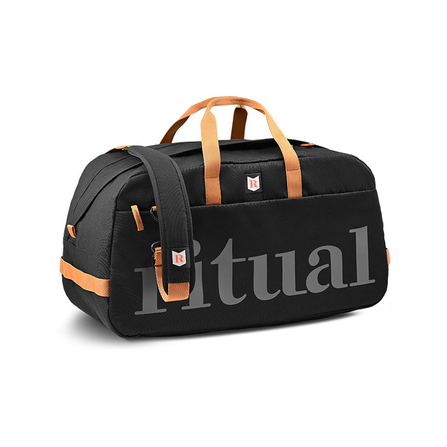 Ritual Calibre hockey duffle bag black with brown straps, front and left side view