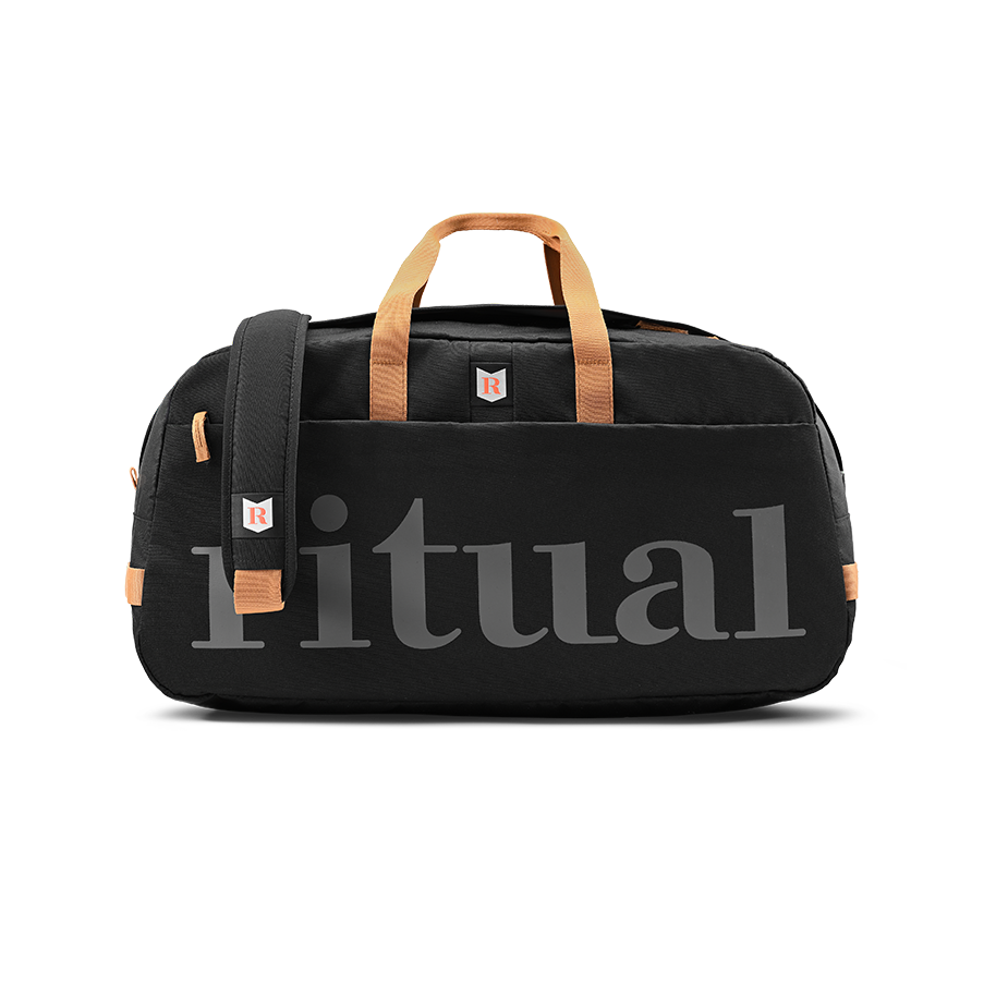 Ritual Calibre hockey duffle bag black with brown straps, silver stripes, full front view