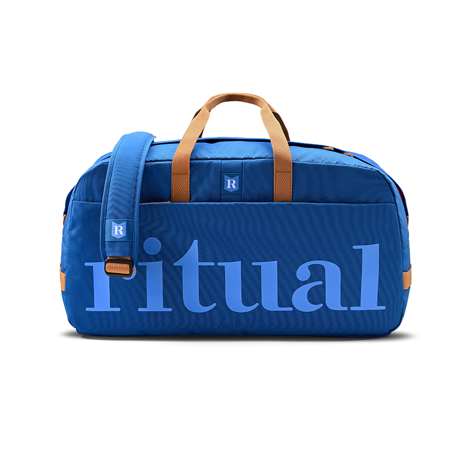 Ritual Calibre hockey duffle bag blue with brown straps, full front view