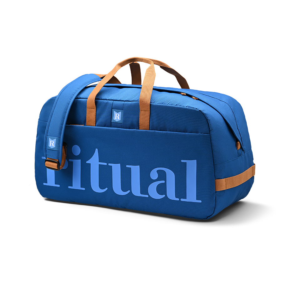 Ritual Calibre hockey duffle bag blue with brown straps, front and right side view