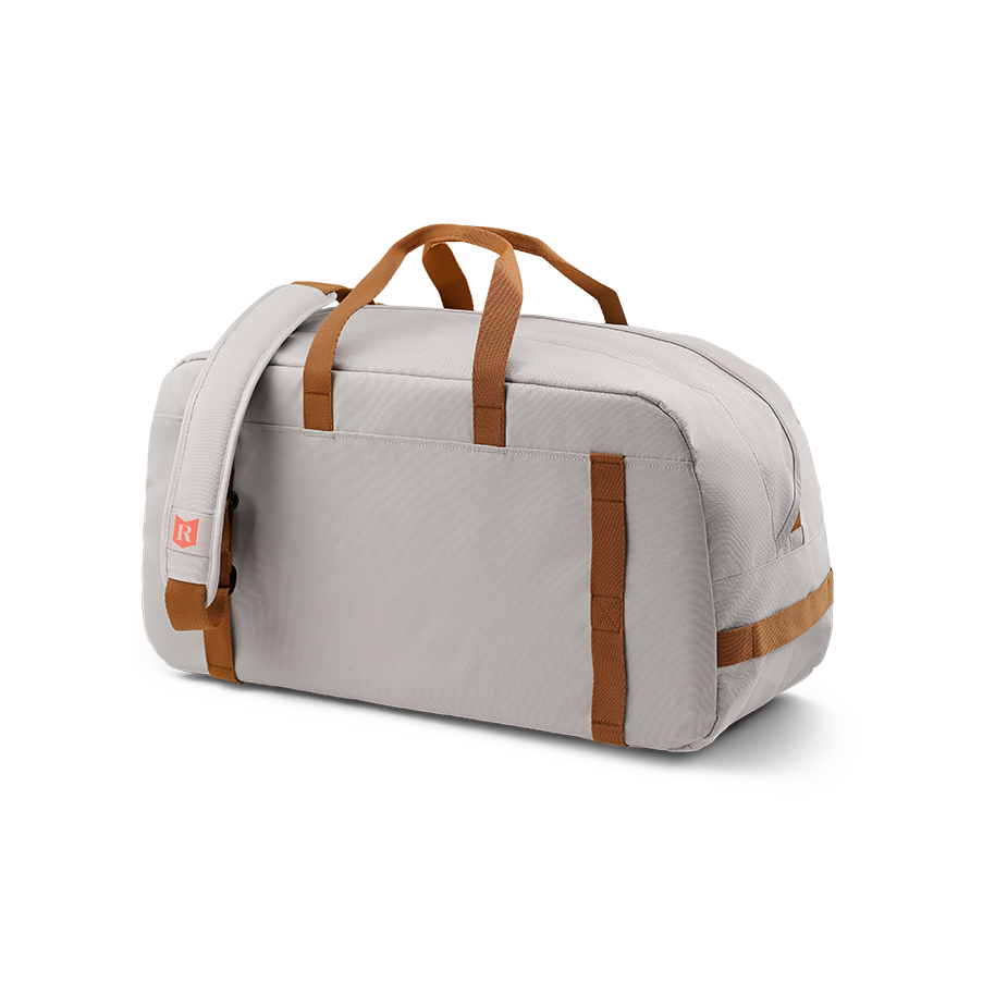 Ritual Calibre hockey duffle bag white with brown straps, back view