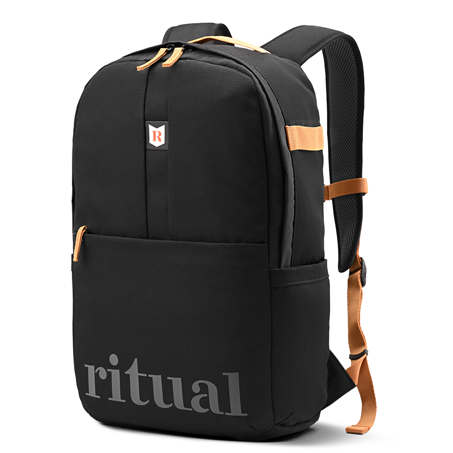Ritual Covert hockey backpack black with bag straps and logo, front and right side view