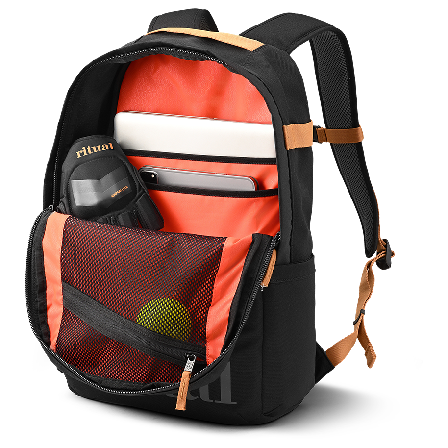 Ritual Covert hockey backpack black with visible compartments, inside view