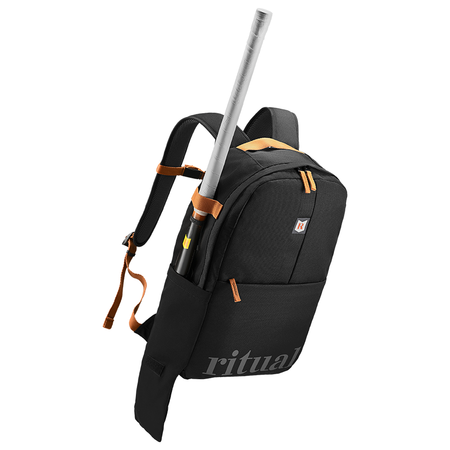 Ritual Covert hockey backpack black with a stick and straps, top view