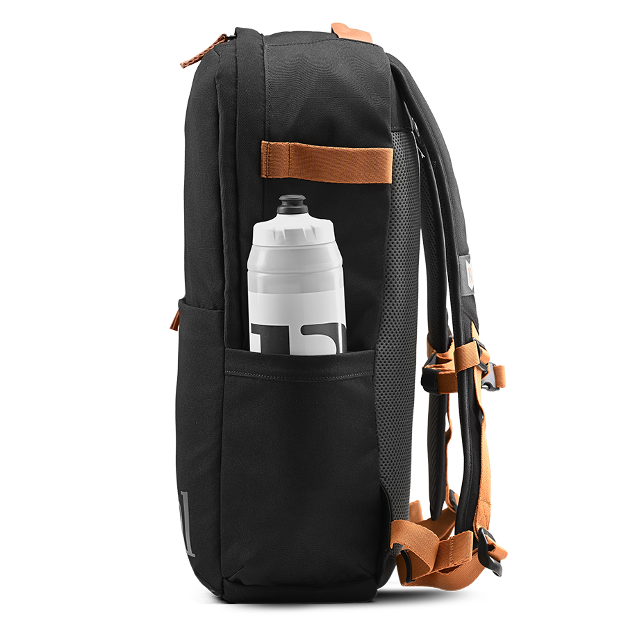 Ritual Covert hockey backpack blackwith brown straps and a water bottle pocket, right view