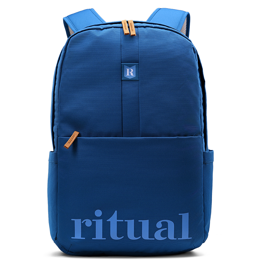 Blue backpack with 'ritual hockey' branding on a white background
