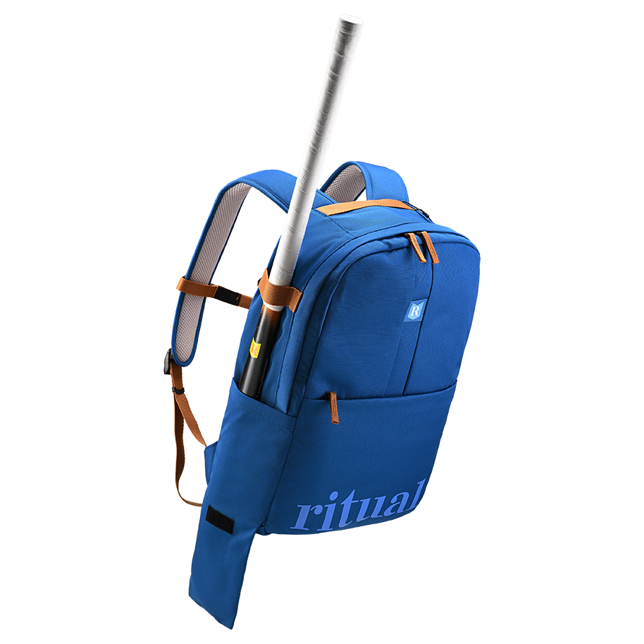Ritual Covert hockey backpack blue with a stick, top view