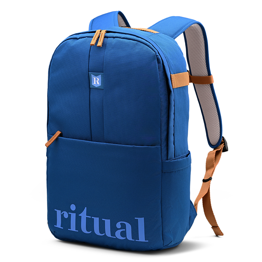 Ritual Covert hockey backpack blue with straps, front and right side view