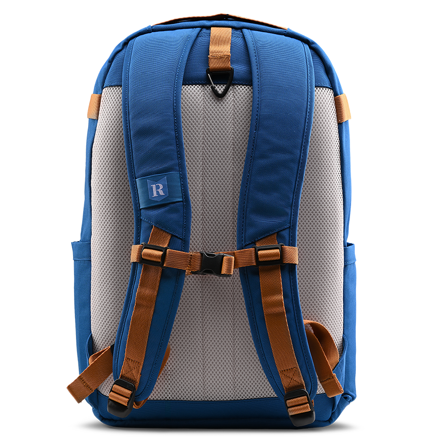 Ritual Covert hockey backpack blue with brown straps, full back view