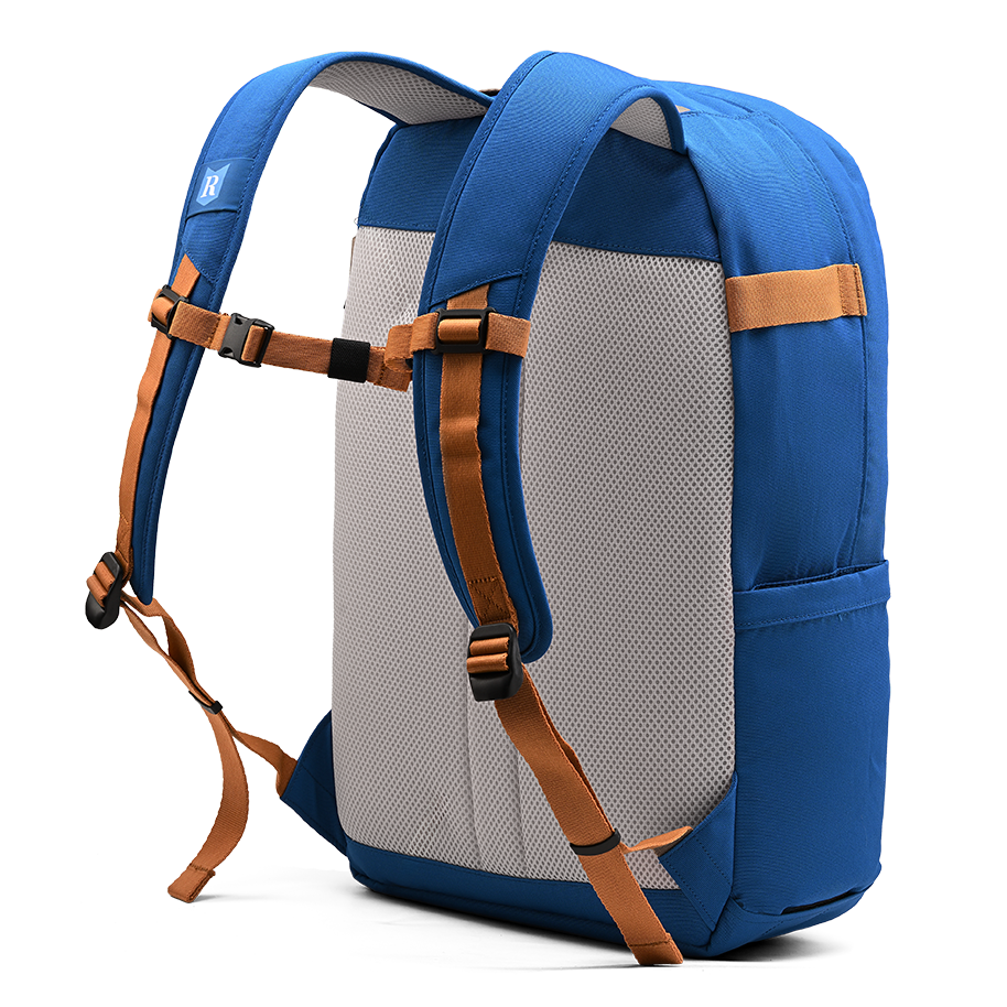 Ritual Covert hockey backpack blue with brown straps, bak and left side view