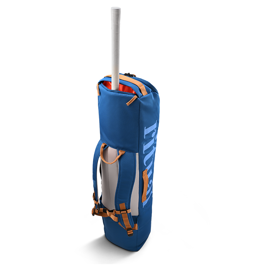 Ritual Tactic combo hockey bag blue back view with sticks holder, top view