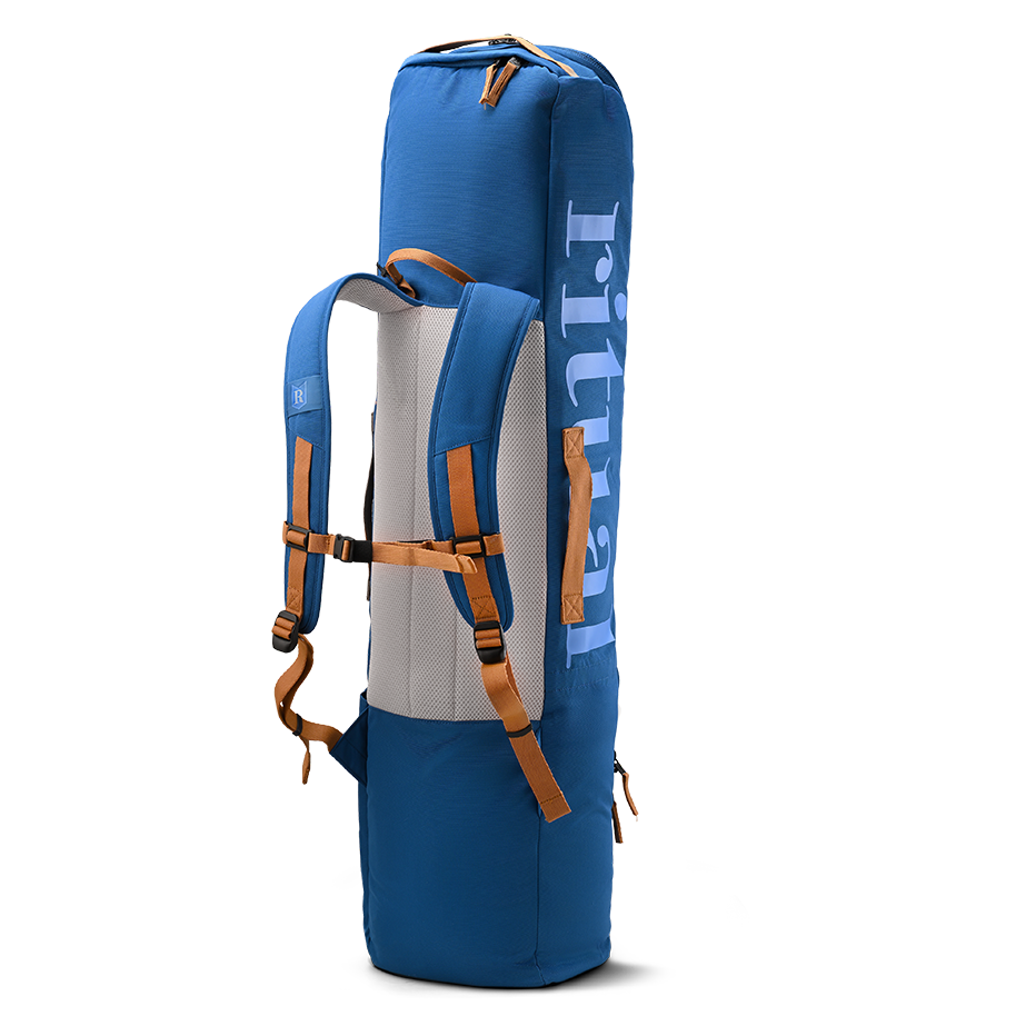 Ritual Tactic combo hockey bag blue with brown straps, back and left side view