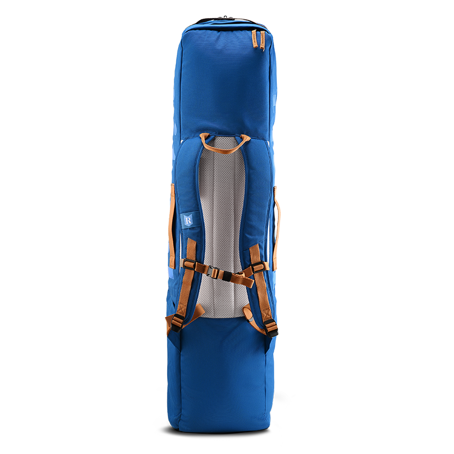 Ritual Tactic combo hockey bag blue with brown straps, back view