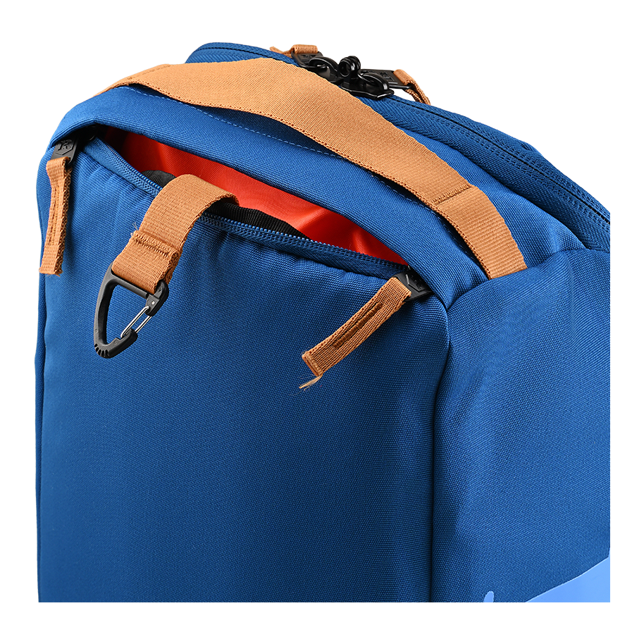 Ritual Tactic combo hockey bag blue with brown straps and carabiner, close-up view